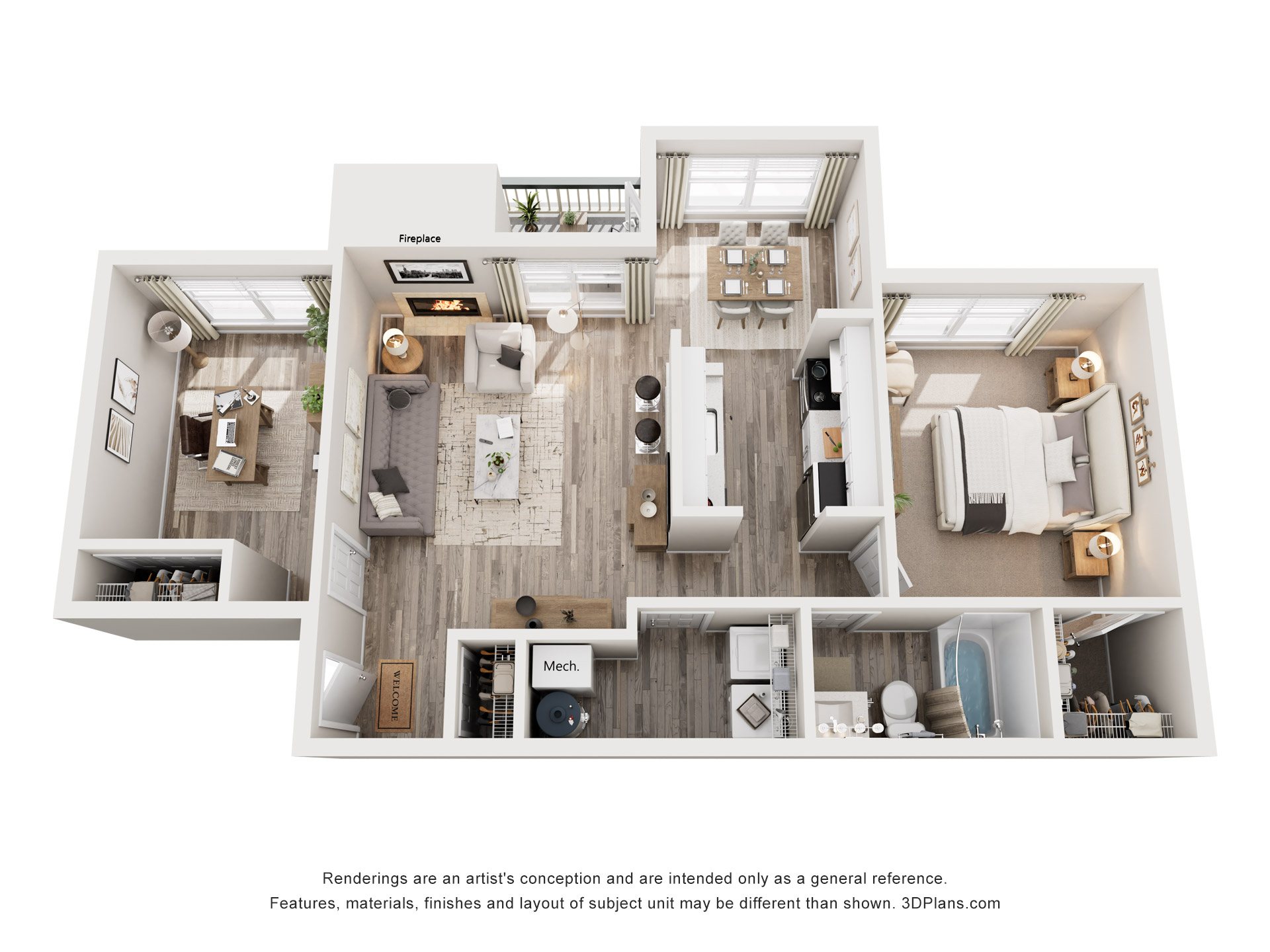Floor plan for 1 bed, 1 bath, 747 sqft